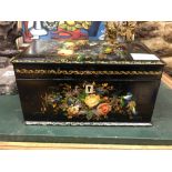 A 19th C. PAPIER MACHE INLAID WITH MOTHER OF PEARL STATIONARY BOX, THE SLOPING LID AND SIDES PAINTED