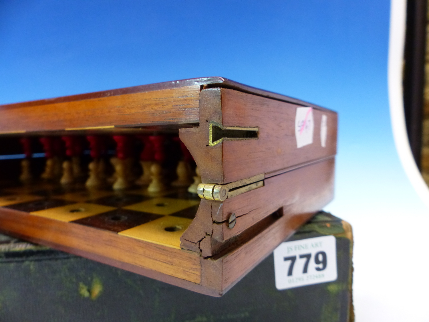 A JAQUES TRAVELLERS CHESS SET, THE MAHOGANY BOARD WITH LOCKS TO HOLD THE RED AND WHITE PIECES IN - Image 12 of 16