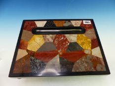 A PIETRA DURA INLAID BLACK SLATE PEN TRAY ON DISC FEET. 24 x 30.5cms.