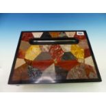 A PIETRA DURA INLAID BLACK SLATE PEN TRAY ON DISC FEET. 24 x 30.5cms.