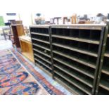 A PAIR OF PINE AND STEEL PIGEON HOLE CABINETS.