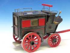 A VINTAGE NAIVE SCRATCH BUILT HORSE DRAWN BUS CARRIAGE. LENGTH INCLUDING DRAW BAR APPROX 53cms.