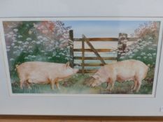 TWO PENCIL SIGNED LIMITED EDITION COLOUR PRINTS OF PIGS, ONE AFTER NIGEL HEMMING. 47x57cms AND