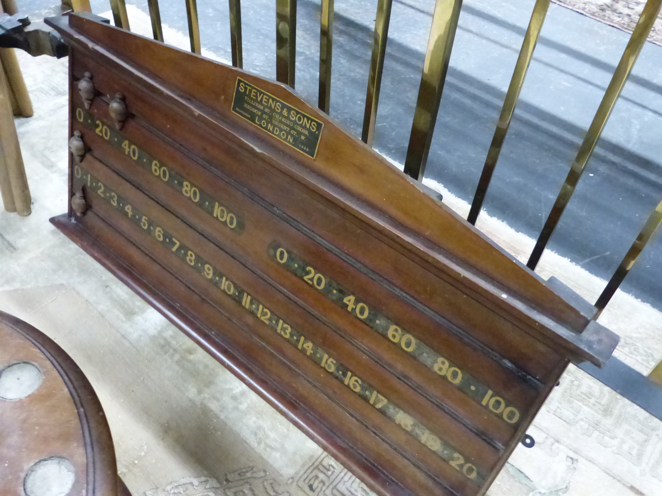 AN ANTIQUE MAHOGANY BILLIARD SCORE BOARD, BY STEVENS AND SONS, 50 x 98cms - Image 7 of 14