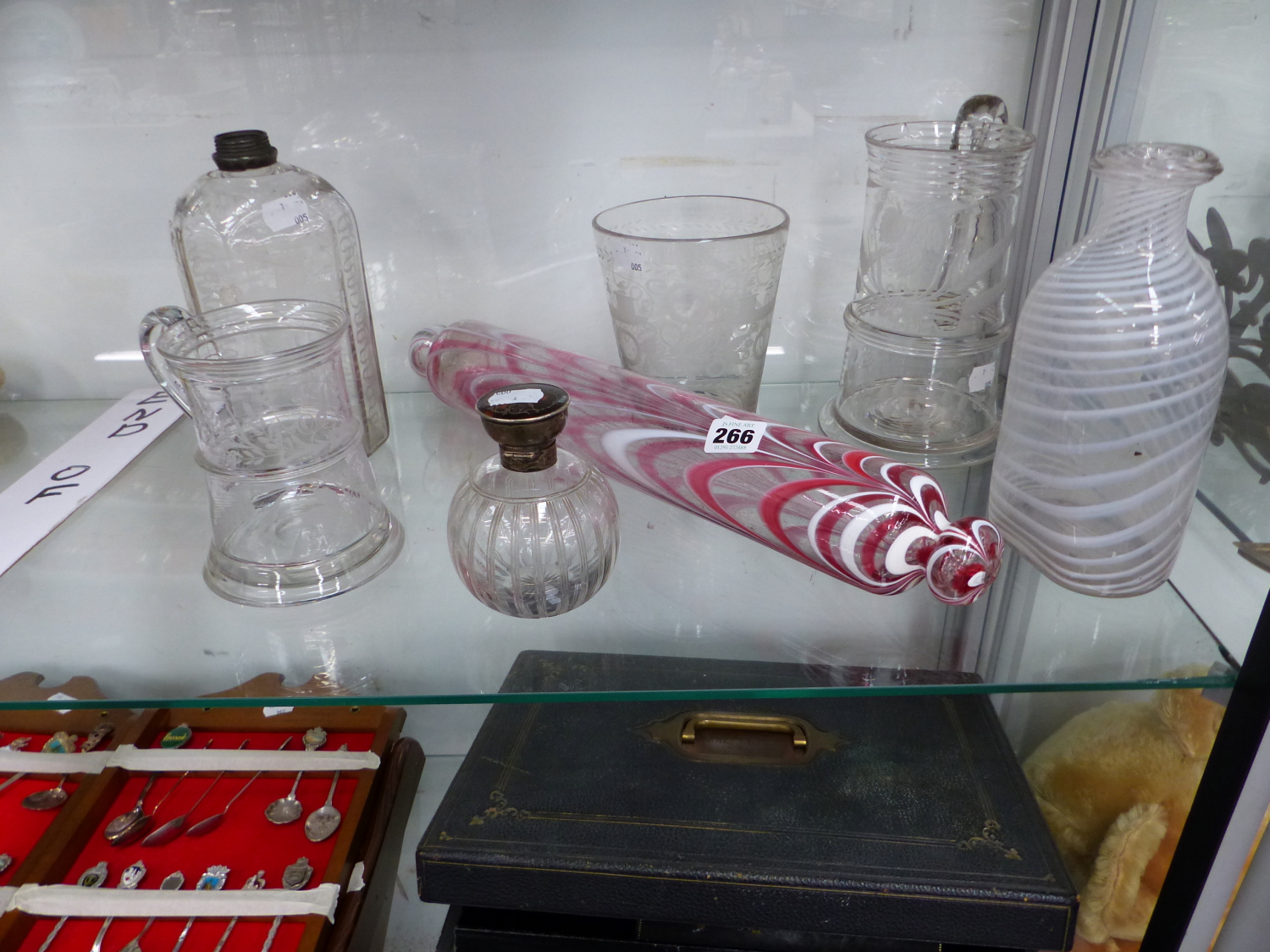 18th C. AND LATER GLASSWARE TO INCLUDE A ROLLING PIN, A SILVER TOPPED SCENT BOTTLE , TWO TANKARDS