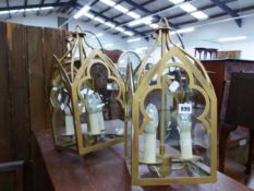 A PAIR OF GOTHIC STYLED SQUARE HALL LANTERNS.