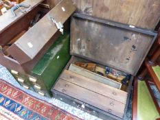 TWO TOOL BOXES CONTAINING VARIOUS PLANES, AND A SMALL STEEL FILING CHEST.