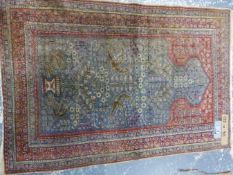 AN ANTIQUE TURKISH SILK RUG (LOSES), 137 x 116cms TOGETHER WITH AN ANTIQUE CAUCASIAN MAT, A