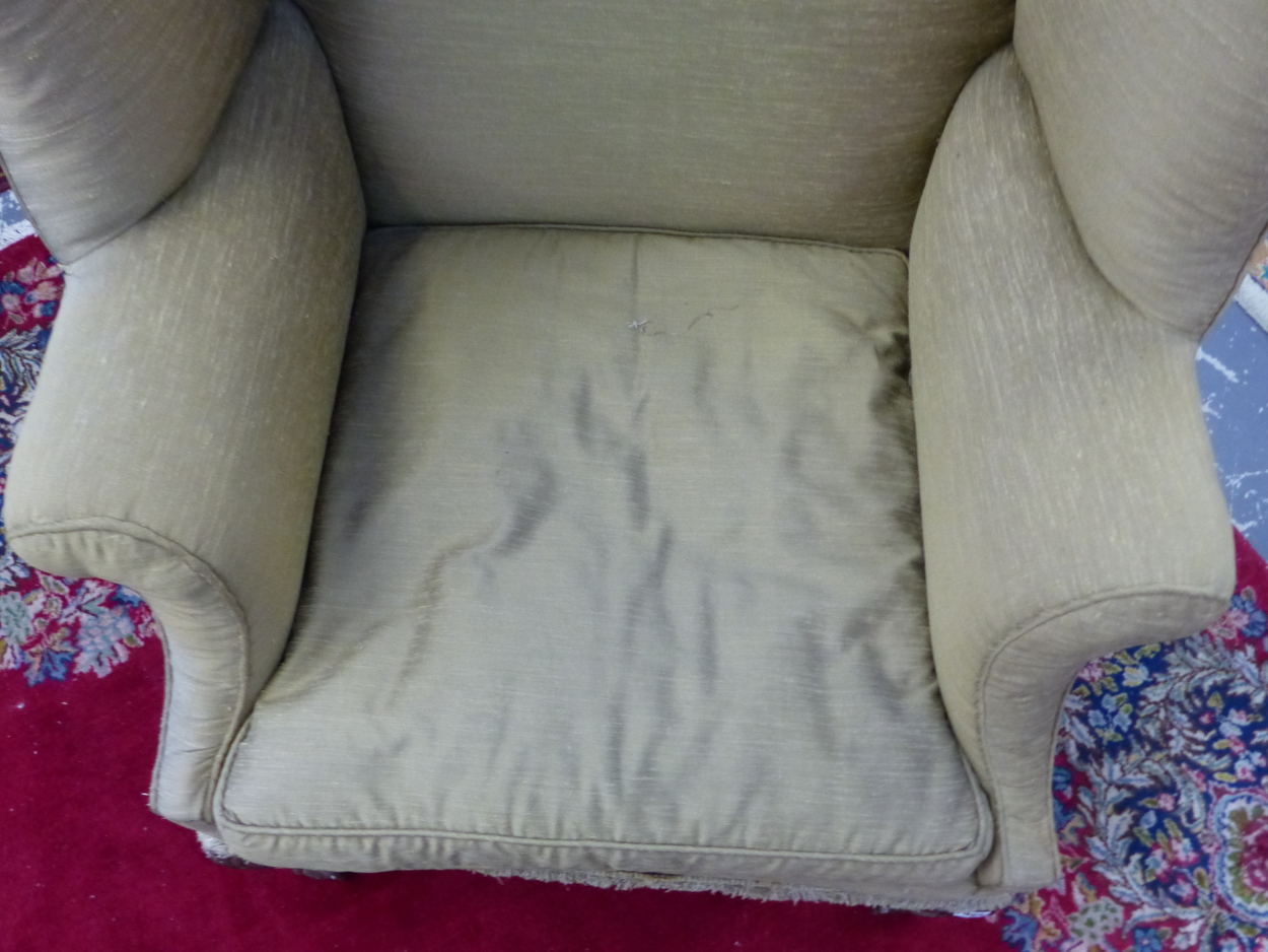 A 19th C. WING ARMCHAIR UPHOLSTERED IN OLIVE GREEN, THE CABRIOLE FRONT LEGS CARVED WITH LEAVES AT - Image 3 of 13