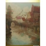 FRITS THAULOW (1847 - 1906) A CONTINENTAL RIVER SCENE PENCIL SIGNED COLOUR ETCHING . 57 x 44cms