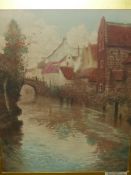 FRITS THAULOW (1847 - 1906) A CONTINENTAL RIVER SCENE PENCIL SIGNED COLOUR ETCHING . 57 x 44cms