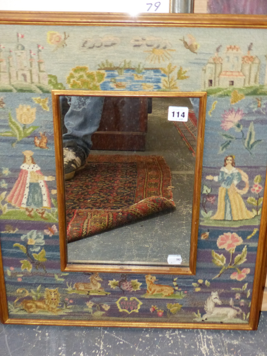 AN UNUSUAL NEEDLEWORK FRAME MIRROR DECORATED WITH COURTLY FIGURES AND ANIMALS. 60 x 49cms TOGETHER