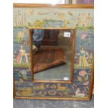AN UNUSUAL NEEDLEWORK FRAME MIRROR DECORATED WITH COURTLY FIGURES AND ANIMALS. 60 x 49cms TOGETHER