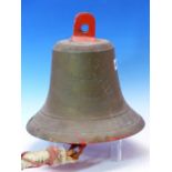 HMS NORDENFELTS 1946 SHIPS BELL, THE CANVAS HANDLE ATTACHED TO THE CLAPPER BOUND IN RED PAINTED