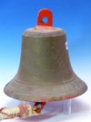 HMS NORDENFELTS 1946 SHIPS BELL, THE CANVAS HANDLE ATTACHED TO THE CLAPPER BOUND IN RED PAINTED