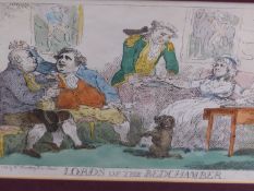 AFTER THOMAS ROWLANDSON (1757-1827),AN ANTIQUE HAND COLOURED PRINT LORDS OF THE BEDCHAMBER, A 1784 H