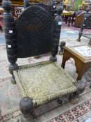 TWO RAJASTHANI PIDA CHAIRS, ONE WITH DIAMOND DIAPER CARVED BACK AND THE OTHER WITH CENTRAL