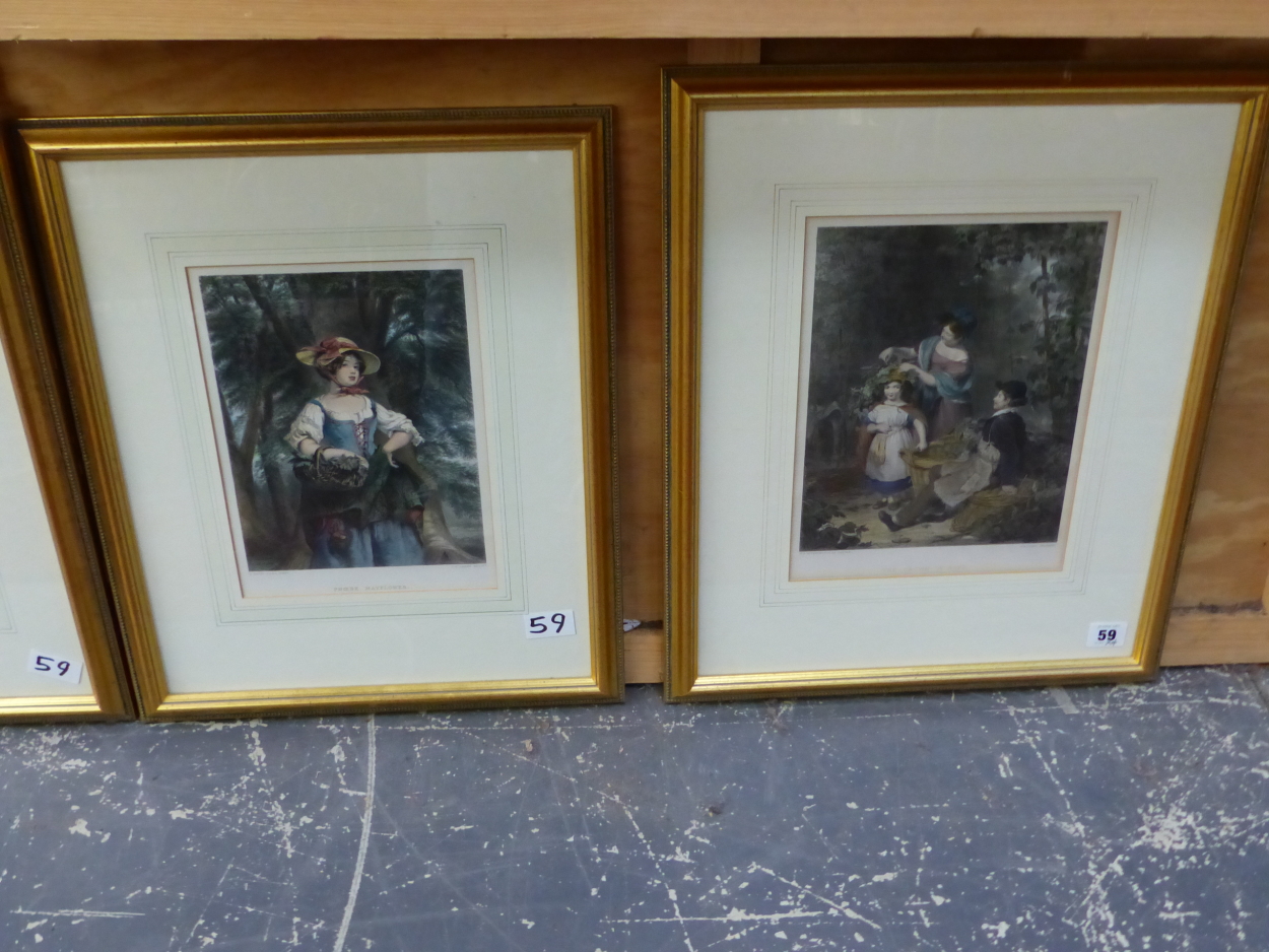 FOUR GILT FRAMED HAND COLOURED PRINTS OF VICTORIAN FIGURAL SUBJECTS. SIZES VARY (4) - Image 6 of 6