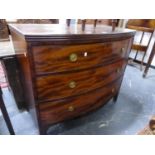 A 19th C. MAHOGANY BOW FRONT CHEST OF THREE GRADED DRAWERS ON BRACKET FEET. W 108 x D 56 x H 92cms.