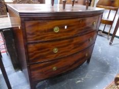 A 19th C. MAHOGANY BOW FRONT CHEST OF THREE GRADED DRAWERS ON BRACKET FEET. W 108 x D 56 x H 92cms.