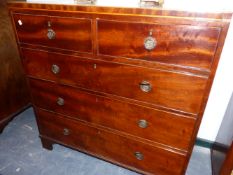 A 19th C. MAHOGANY CHEST OF TWO SHORT AND THREE GRADED LONG DRAWERS ON BRACKET FEET, THE TOP EDGED