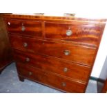 A 19th C. MAHOGANY CHEST OF TWO SHORT AND THREE GRADED LONG DRAWERS ON BRACKET FEET, THE TOP EDGED