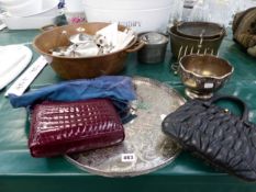 A LARGE ENAMEL LAUNDRY TUB, BRASS JAM PANS, VINTAGE HANDBAGS ETC.