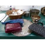 A LARGE ENAMEL LAUNDRY TUB, BRASS JAM PANS, VINTAGE HANDBAGS ETC.