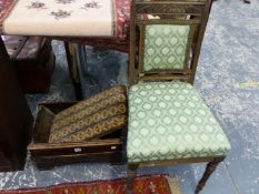 AN ARTS MOVEMENT STYLE GOUT STOOL AND A VICTORIAN SIDE CHAIR.