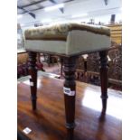 A 19th C. MAHOGANY STOOL WITH FLORAL NEEDLEWORK SEAT, THE TOPS OF THE TAPERING CYLINDRICAL LEGS RING