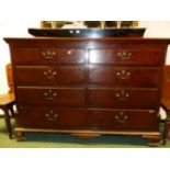 A 19th C. OAK MULE CHEST OF LANCASTER TYPE, DUMMY DRAWERS ABOVE REAL DRAWERS BETWEEN FLUTED PILASTER