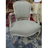 A PAIR OF ANTIQE FRENCH GREY PAINTED FAUTEUILS, THE ROUNDED TOPS OF THE BACKS CENTRED BY PAIRS OF