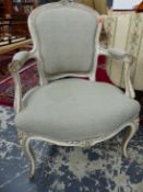 A PAIR OF ANTIQE FRENCH GREY PAINTED FAUTEUILS, THE ROUNDED TOPS OF THE BACKS CENTRED BY PAIRS OF
