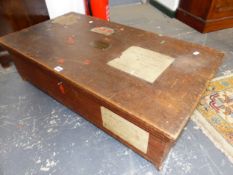 AN EDWARDIAN EDE, SON AND RAVENSCROFT CAMPHORWOOD TRUNK, THE RECTANGULAR LID WITH BRASS AND PAPER