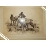 A THOMAS BLINKS PENCIL SIGNED PRINT OF PLOUGH HORSES. 28 x 38cms