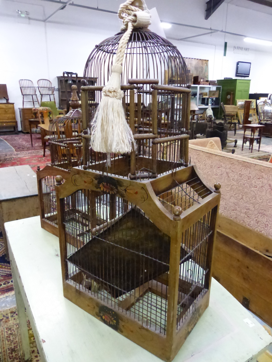 TWO VINTAGE ORNAMENTAL WOOD AND WIRE BIRD CAGES. LARGEST 36 x 83 x 22cms. - Image 4 of 7