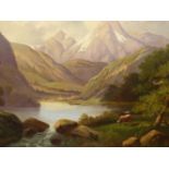 19th CENTURY CONTINENTAL SCHOOL A MOUNTAIN LAKE SCENE, OIL ON CANVAS UNFRAMED 59 x 90cms