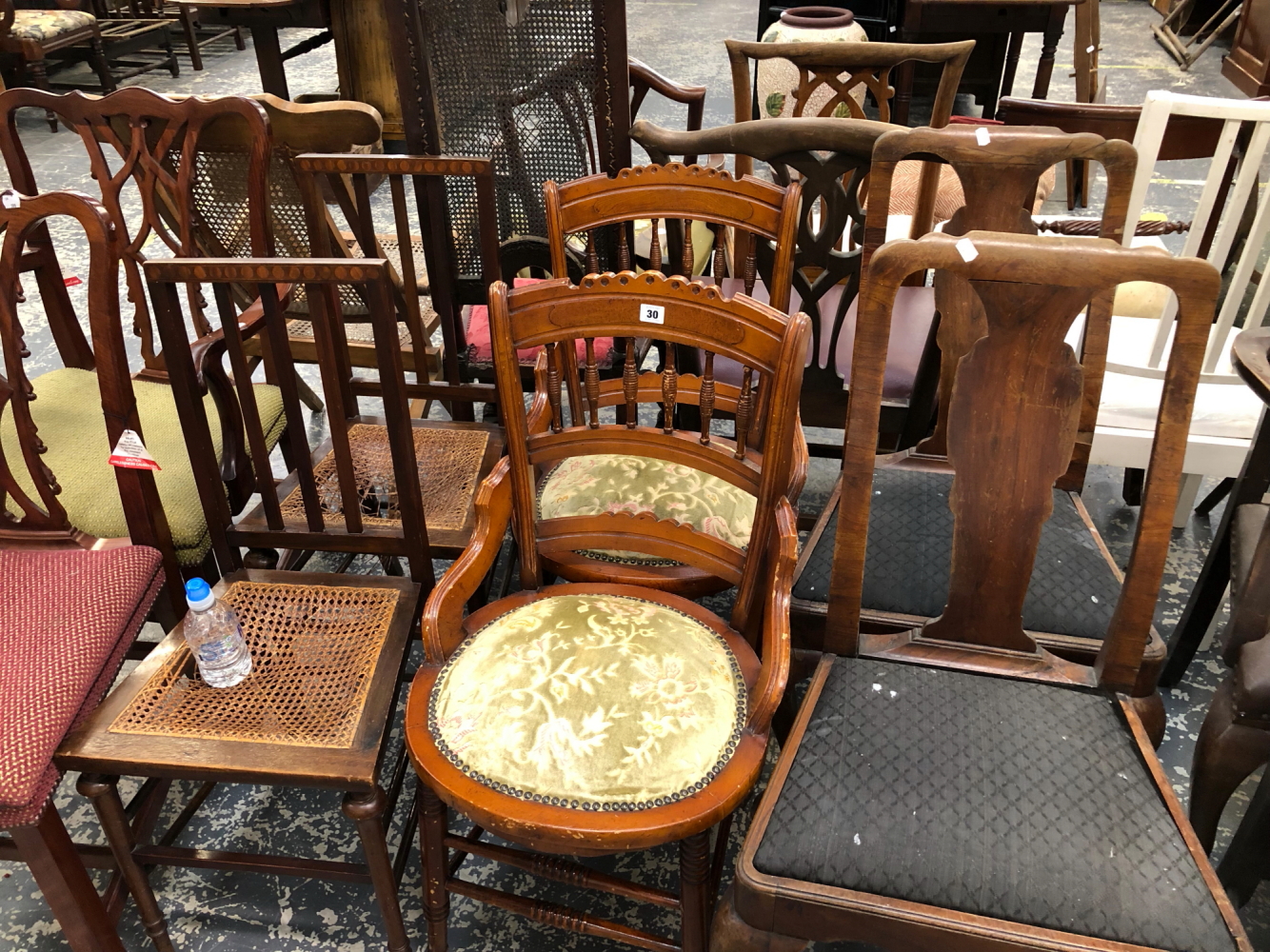 A PAIR OF VICTORIAN UPHOLSTERED PENNY SEAT CHAIRS, TWO QUEEN ANNE STYLE CHAIRS AND A PAIR OF BEDROOM