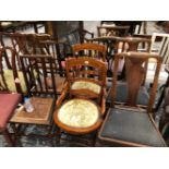 A PAIR OF VICTORIAN UPHOLSTERED PENNY SEAT CHAIRS, TWO QUEEN ANNE STYLE CHAIRS AND A PAIR OF BEDROOM