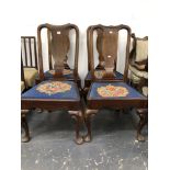 A SET OF FOUR GEORGE I STYLE MAHOGANY SPLAT BACK CHAIRS BY WARING & GILLOW.