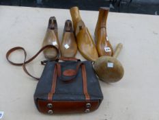 A MULBERRY HAND BAG, TWO PAIRS OF SHOE TREES AND A CABBAGE PRESS.