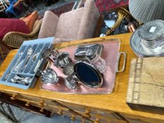 A STERLING SILVER PHOTO FRAME, VARIOUS PLATED WARES AND A JEWELLERY BOX.