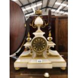 A VICTORIAN GILT BRONZE AND MARBLE MANTLE CLOCK.