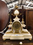A VICTORIAN GILT BRONZE AND MARBLE MANTLE CLOCK.