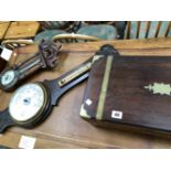 TWO VINTAGE WALL BAROMETERS, AND A BRASS BOUND WRITING BOX WITH VACANT INTERIOR.