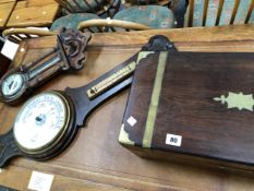 TWO VINTAGE WALL BAROMETERS, AND A BRASS BOUND WRITING BOX WITH VACANT INTERIOR.