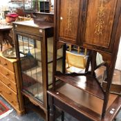 AN EDWARDIAN DISPLAY CABINET AND A CORNER CABINET.