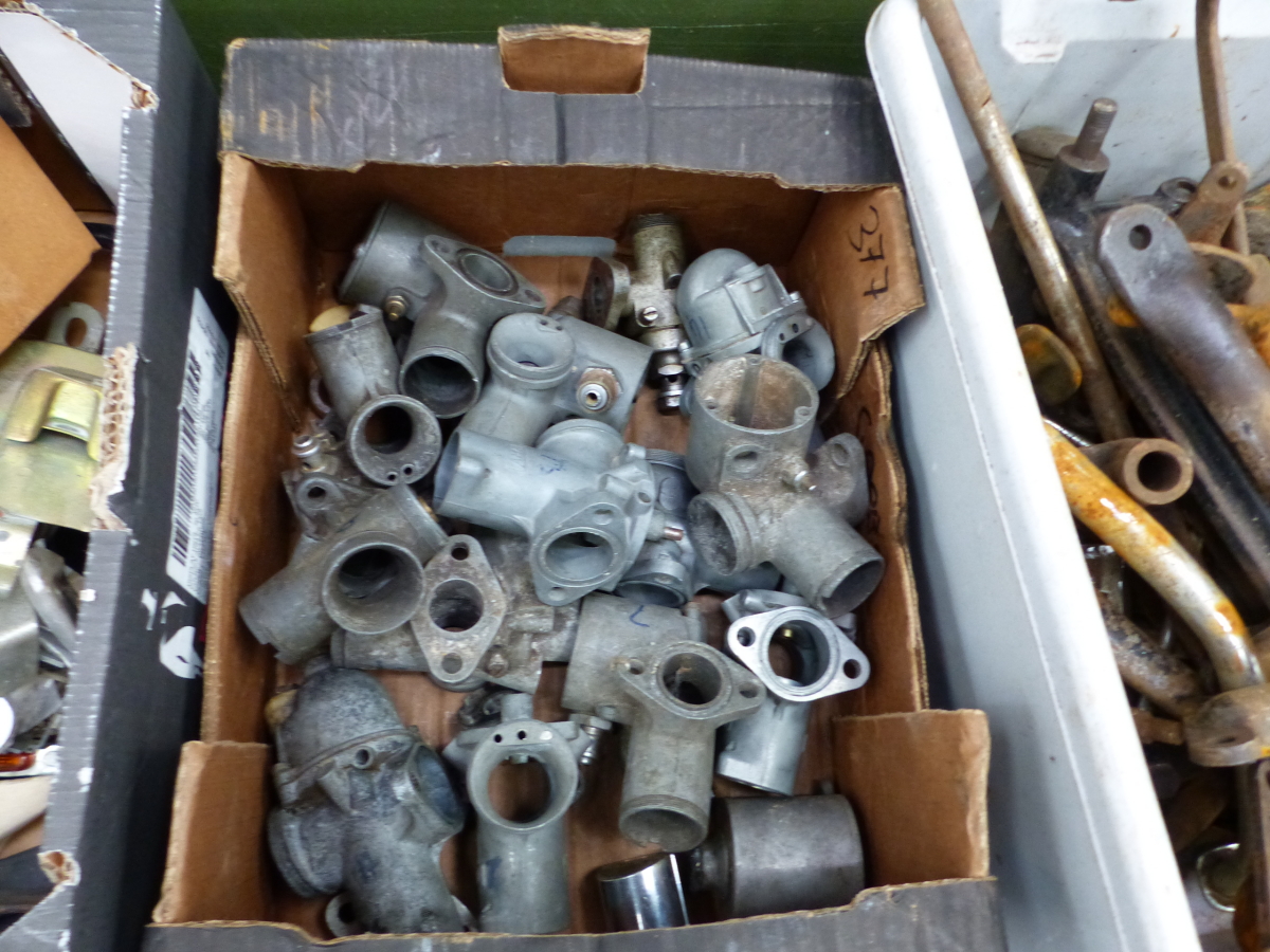 A BOX OF AMAL CARBURETTERS AND ASSORTMENTS