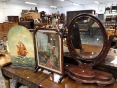 A VICTORIAN SWING MIRROR AND THREE FIRE SCREENS.
