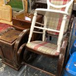 A VINTAGE BENTWOOD ROCKING CHAIR, A COAL BOX, A BEDSIDE CABINET AND A PAINTED BEDROOM CHAIR.
